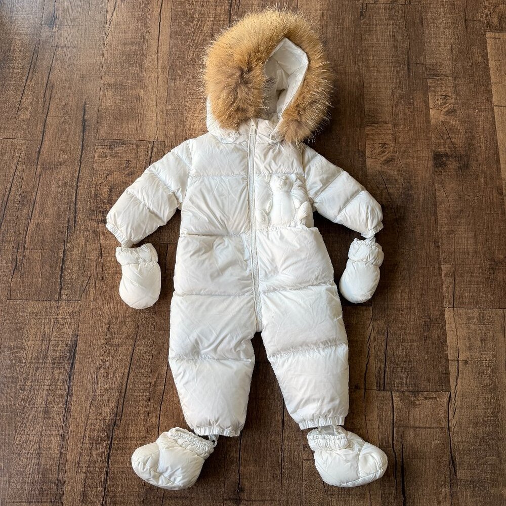 ADD Down Baby White Down Snowsuit with mittens and booties, natural fur 12 Mo